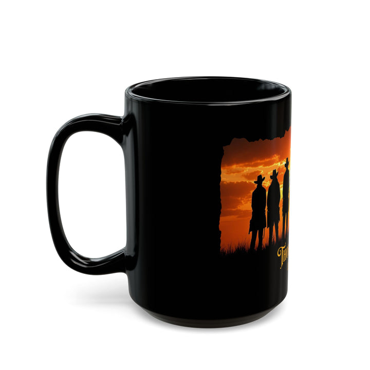 Seven Riders Black mug with silhouette of oeople in cowboy hats and 'Thorn Ridge' branding against a sunset background.
