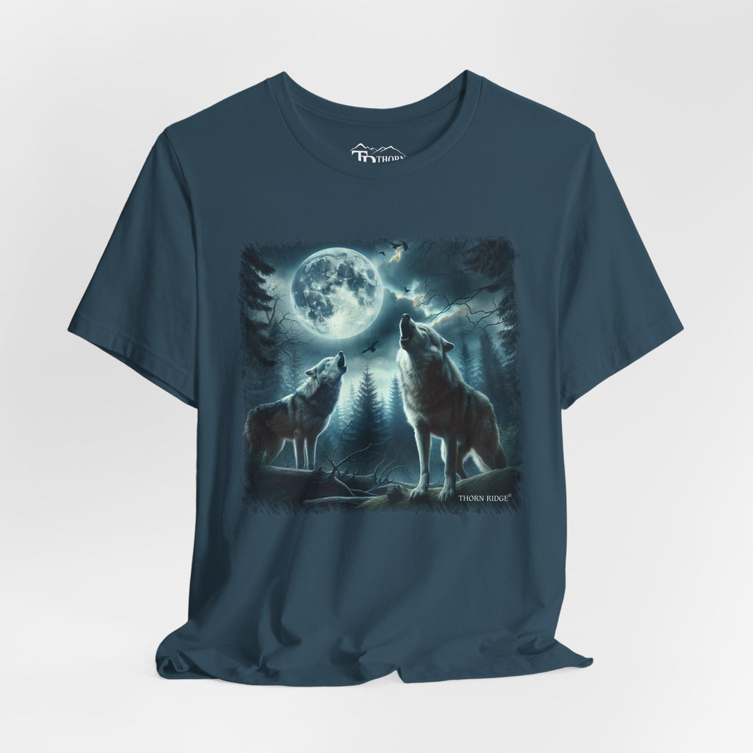 t-shirt with a graphic of two wolves howling at a moonlit sky branded Thorn Ridge®