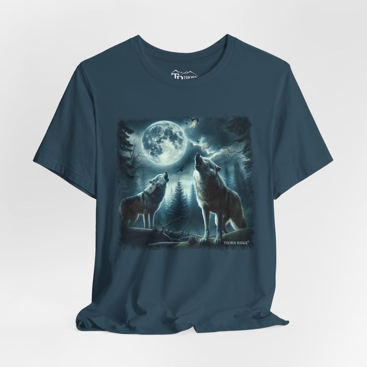 t-shirt with a graphic of two wolves howling at a moonlit sky branded Thorn Ridge®