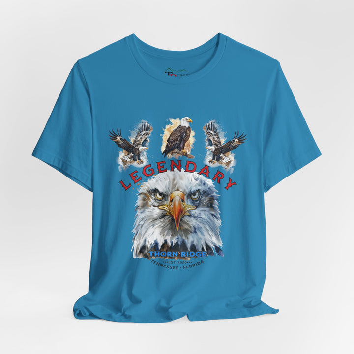 t-shirt with an eagle graphic and 'Legendary' text with three eagles above it