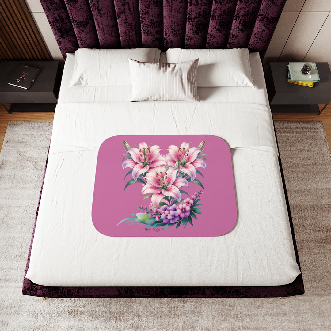 Three Lillies illustraton in pink on a pink sherpa blanket by Thorn Ridge®