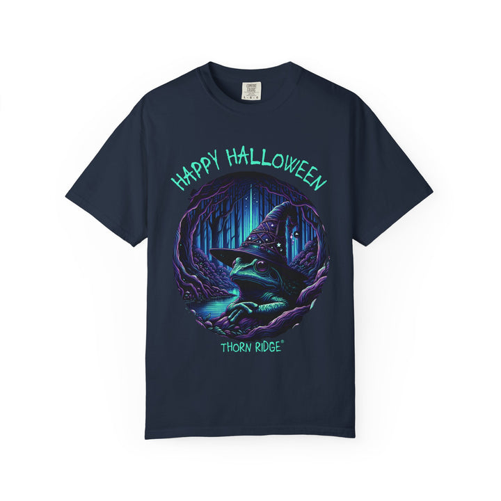 Happy Halloween from The Frog Witch labeled Thorn Ridge. Frog with a witches hat sitting by a dark stream in a wicked forest. 