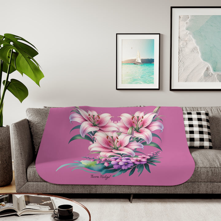 Three Lillies illustraton in pink on a pink sherpa blanket by Thorn Ridge®