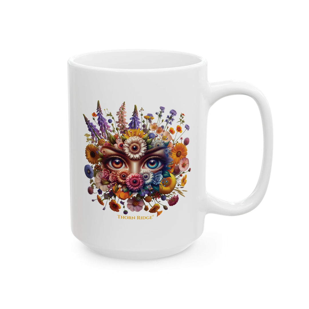White mug You've Been Gazed with a colorful floral design with eyes gazing out at you from the middle of the flowers and 'Thorn Ridge' branding on a white background
