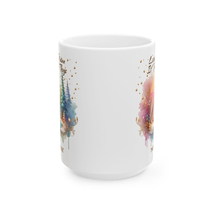 Listen to Nature It Knows Things mug by Thorn Ridge® showing a pastel forest scene with a river running through it. 