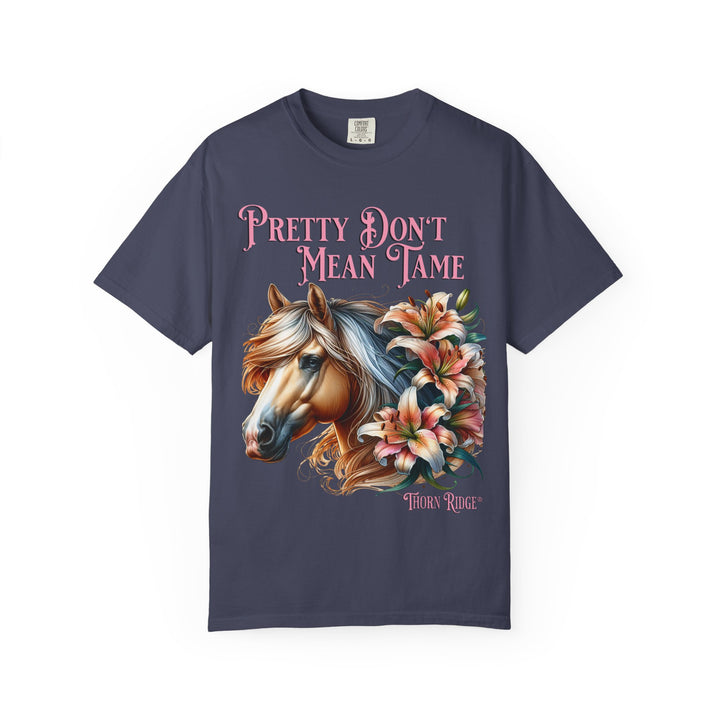 Pretty Don't Mean Tame graphic tee with a horse head and flowers branded to Thorn Ridge®