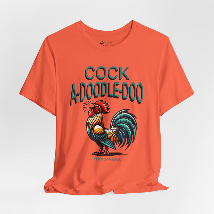 t-shirt with colorful rooster graphic and 'Cock A-Doodle-Doo' text labeled Thorn Ridge®