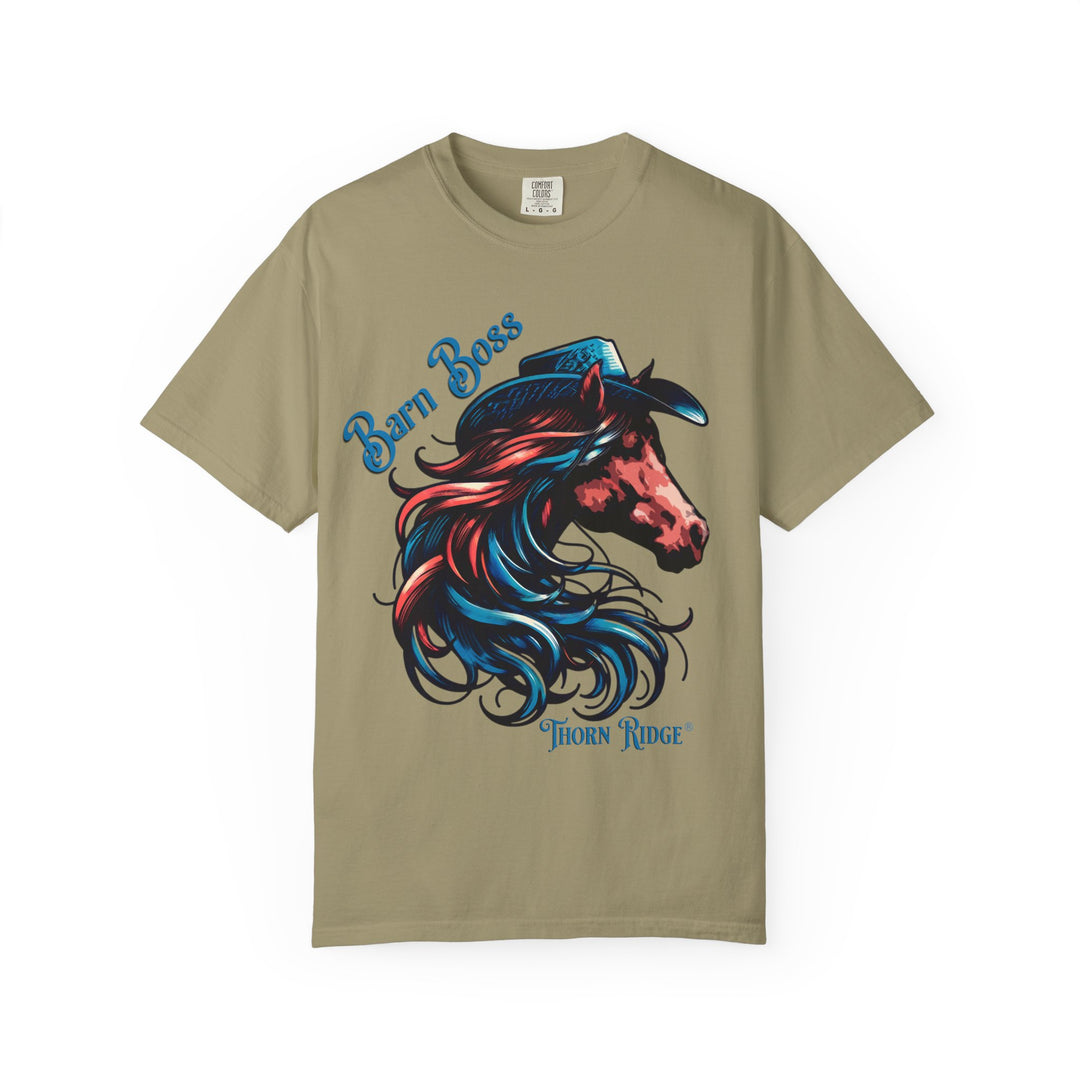 t-shirt with a horse head wearing a cowboy hat graphic labeled Barn Boss and Thorn Ridge