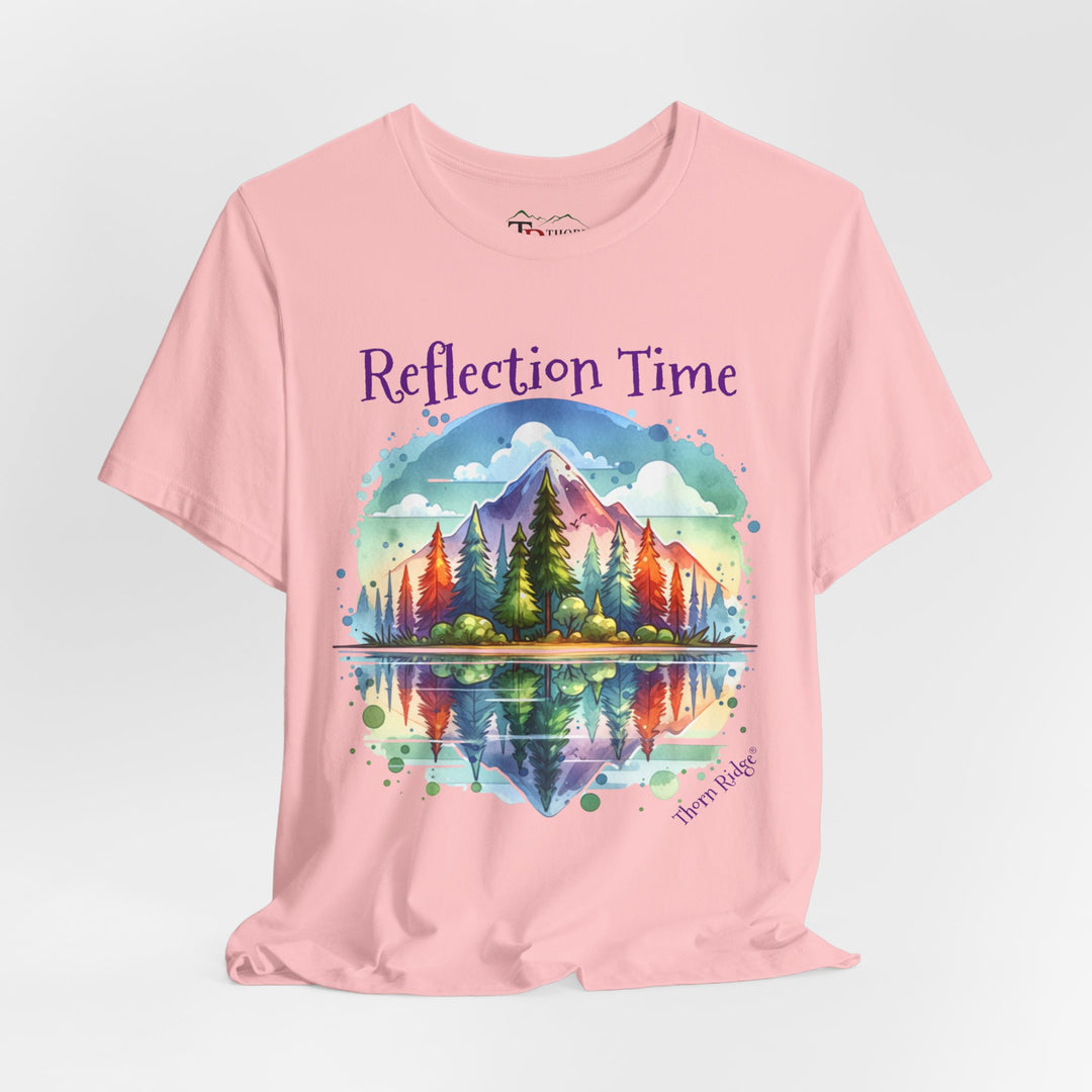 t-shirt with 'Reflection Time' graphic design featuring a mountain and lake scene labeled Thorn Ridge®