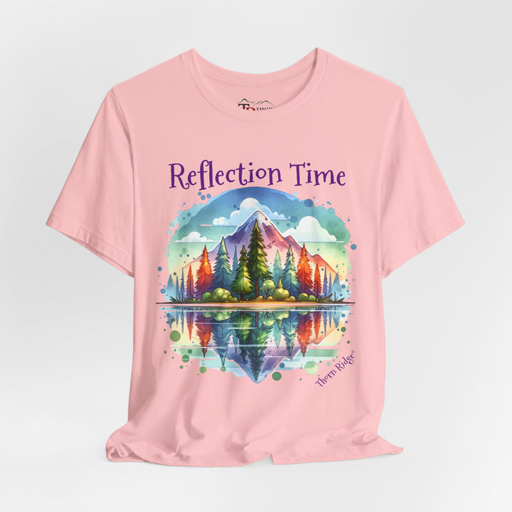 t-shirt with 'Reflection Time' graphic design featuring a mountain and lake scene labeled Thorn Ridge®