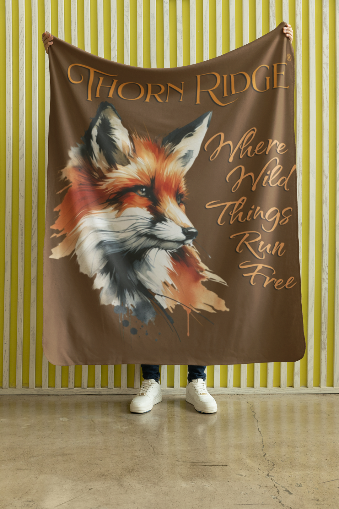 Red fox sherpa blanket with the text Thorn Ridge® Where Wild Things Run Free