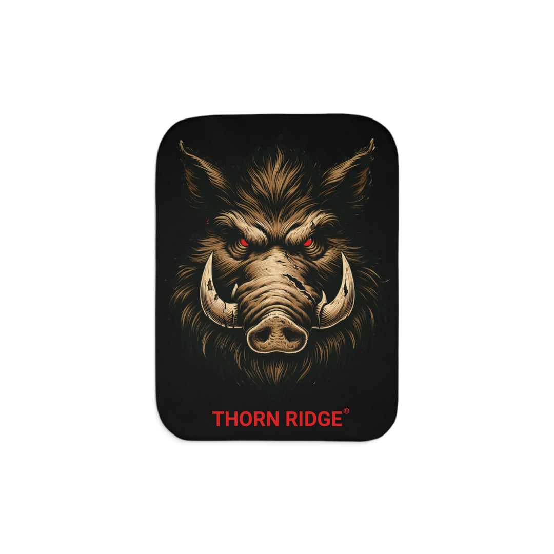 Black Sherpa blanket with a boar with red eyes design and 'Thorn Ridge' branding.