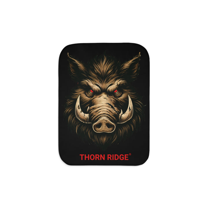 Black Sherpa blanket with a boar with red eyes design and 'Thorn Ridge' branding.