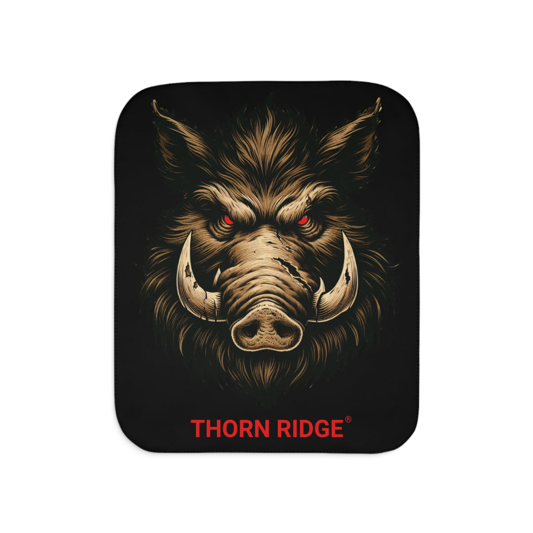 Black Sherpa blanket with a boar with red eyes design and 'Thorn Ridge' branding.