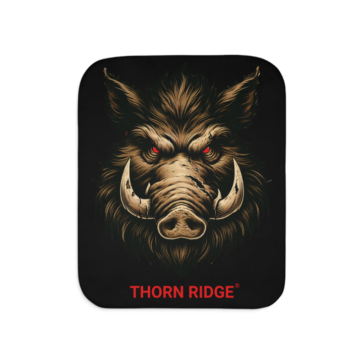 Black Sherpa blanket with a boar with red eyes design and 'Thorn Ridge' branding.