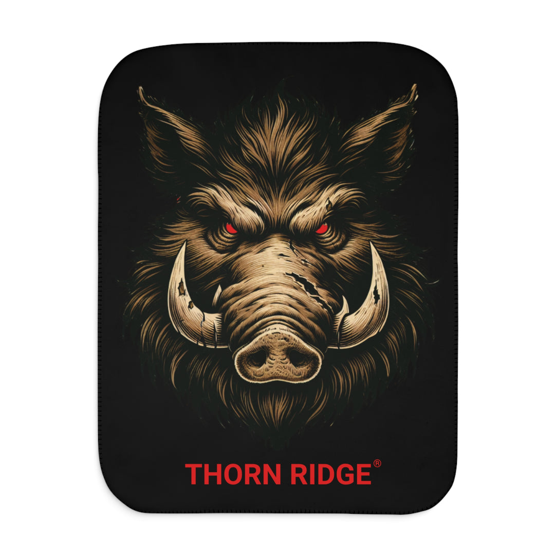 Black Sherpa blanket with a boar with red eyes design and 'Thorn Ridge' branding.