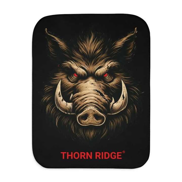Black Sherpa blanket with a boar with red eyes design and 'Thorn Ridge' branding.