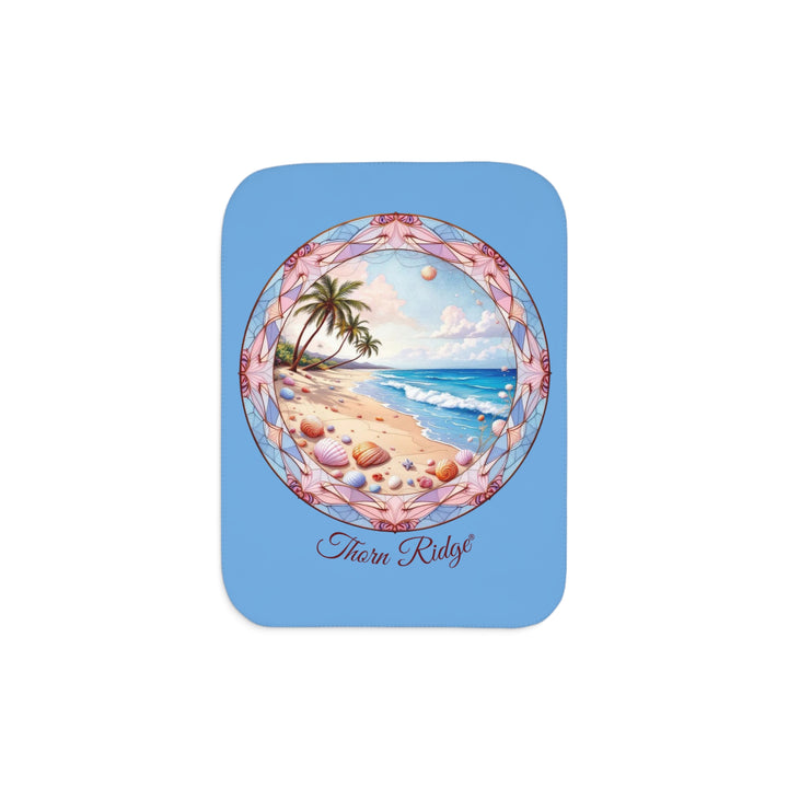 Decorative Sherpa Blanket with beach-themed design and 'Thorn Ridge' branding on a blue background