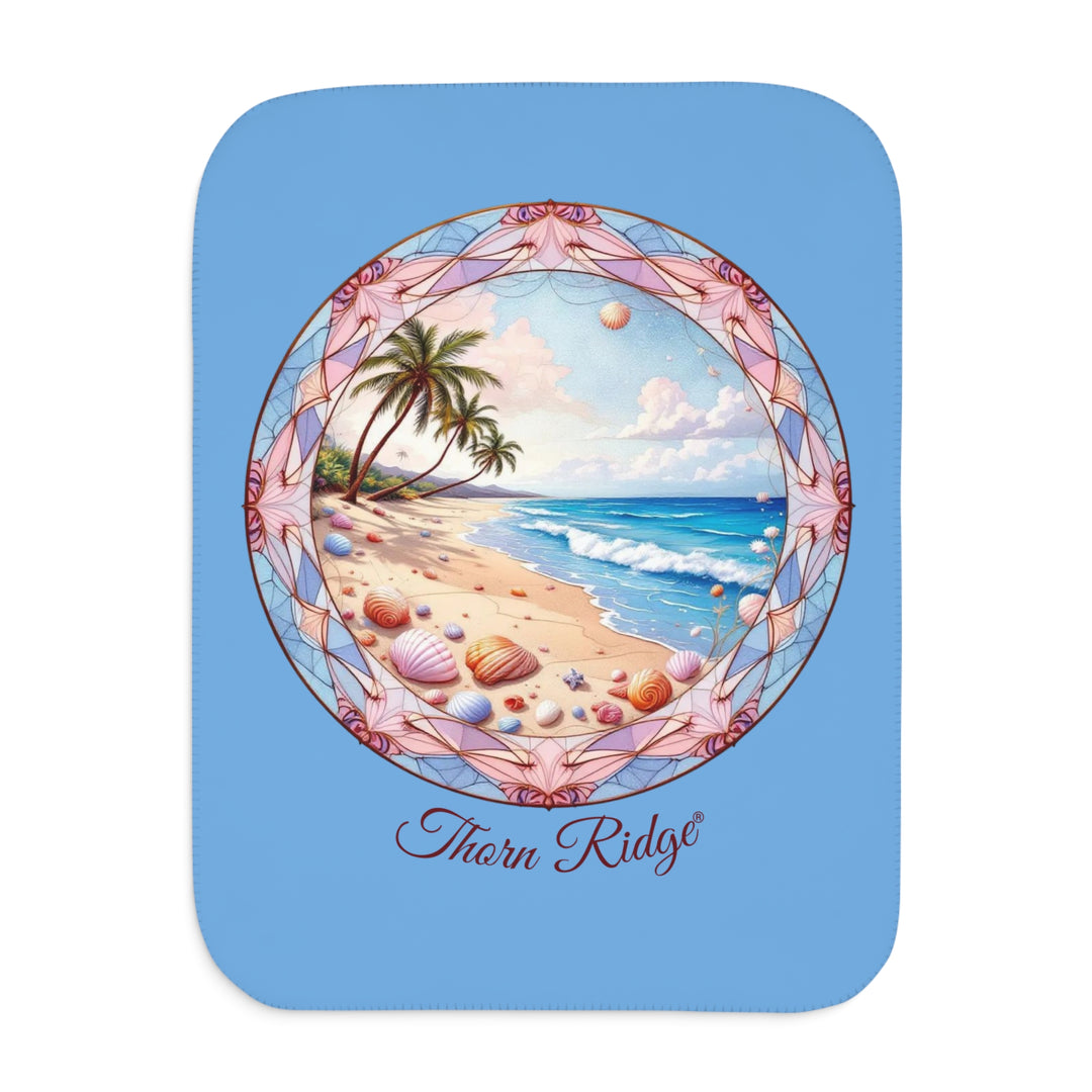 Decorative Sherpa Blanket with beach-themed design and 'Thorn Ridge' branding on a blue background