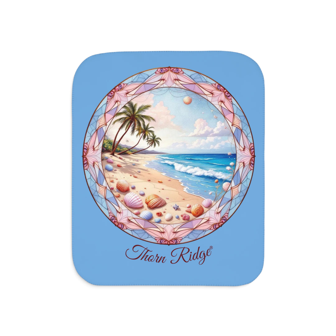 Decorative Sherpa Blanket with beach-themed design and 'Thorn Ridge' branding on a blue background