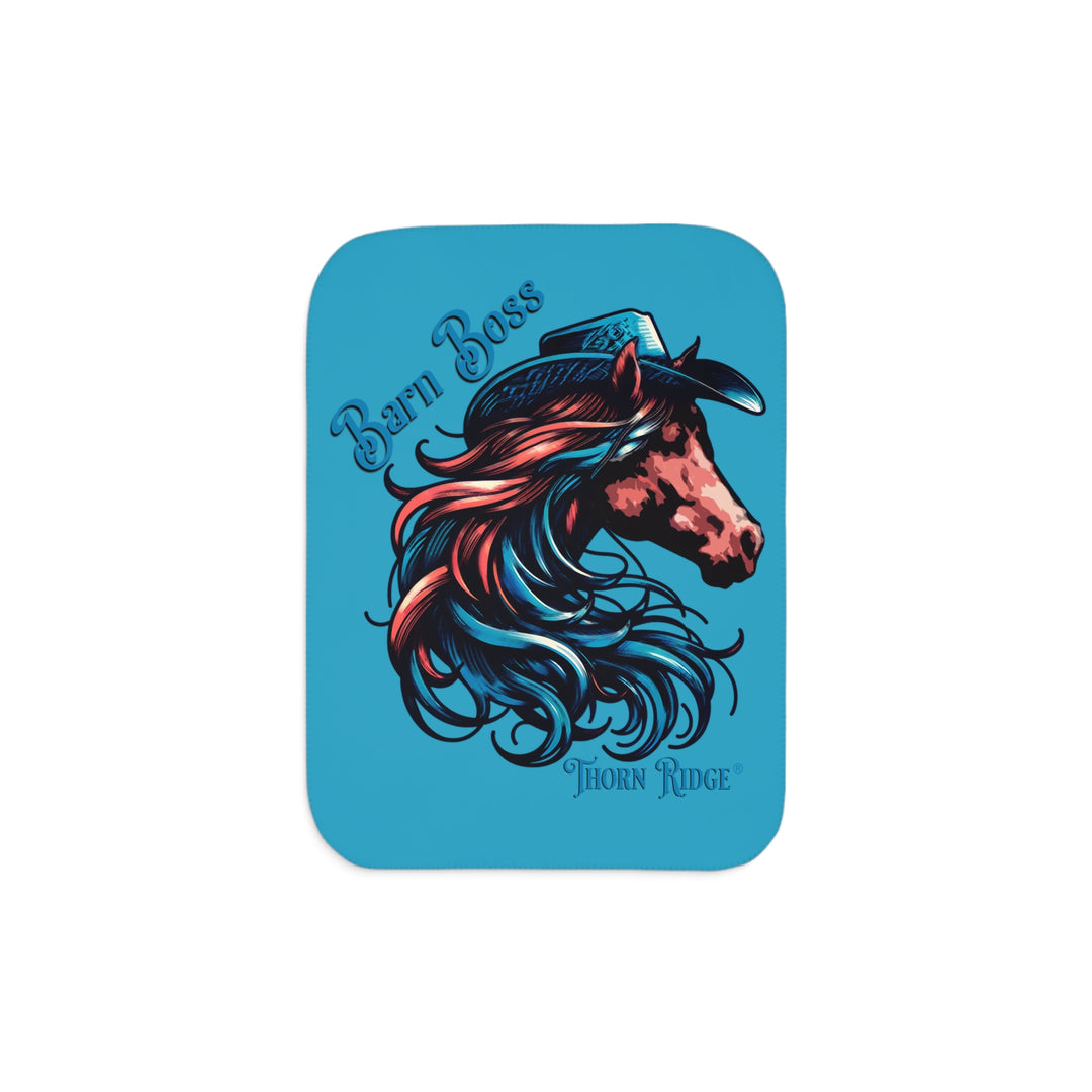 Barn Boss sherpa Blanket by Thorn Ridge® of a horse wearing a cowboy hat.