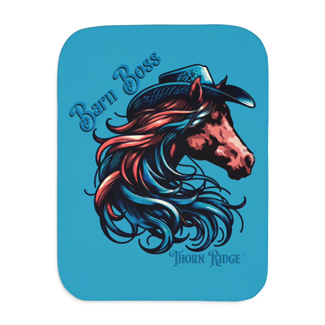 Barn Boss sherpa Blanket by Thorn Ridge® of a horse wearing a cowboy hat.