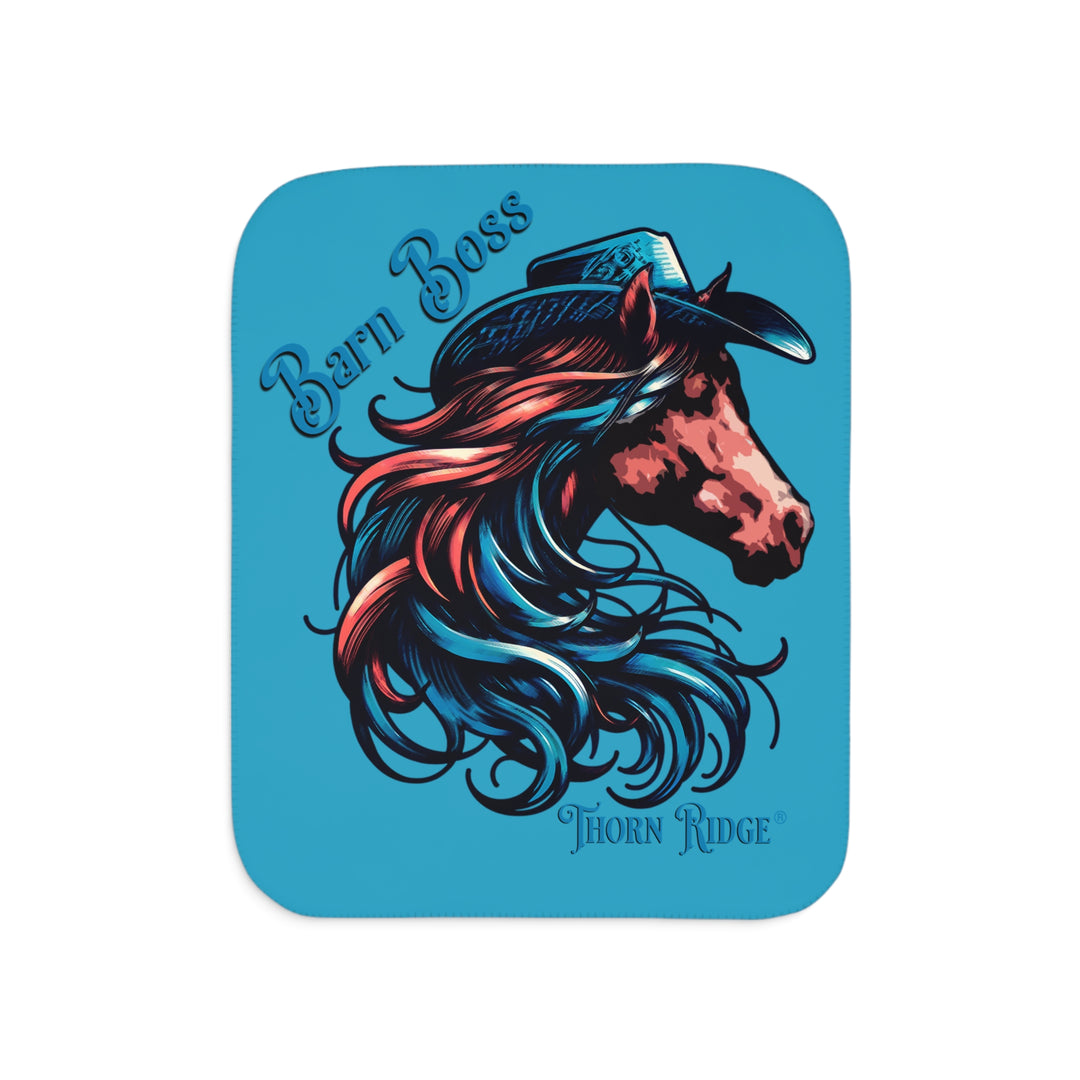 Barn Boss sherpa Blanket by Thorn Ridge® of a horse wearing a cowboy hat.