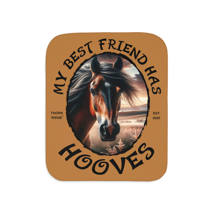 My Best Friend Has Hooves light brown Sherpa blanket featuring a horse head and branded Thorn Ridge Est 2020. 