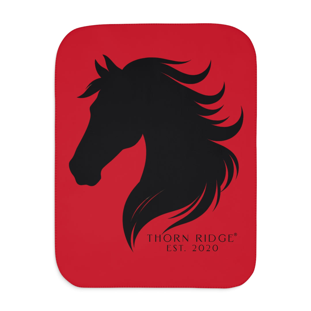 Black Friesian horse head on dark red Sherpa Blanket by Thorn Ridge.