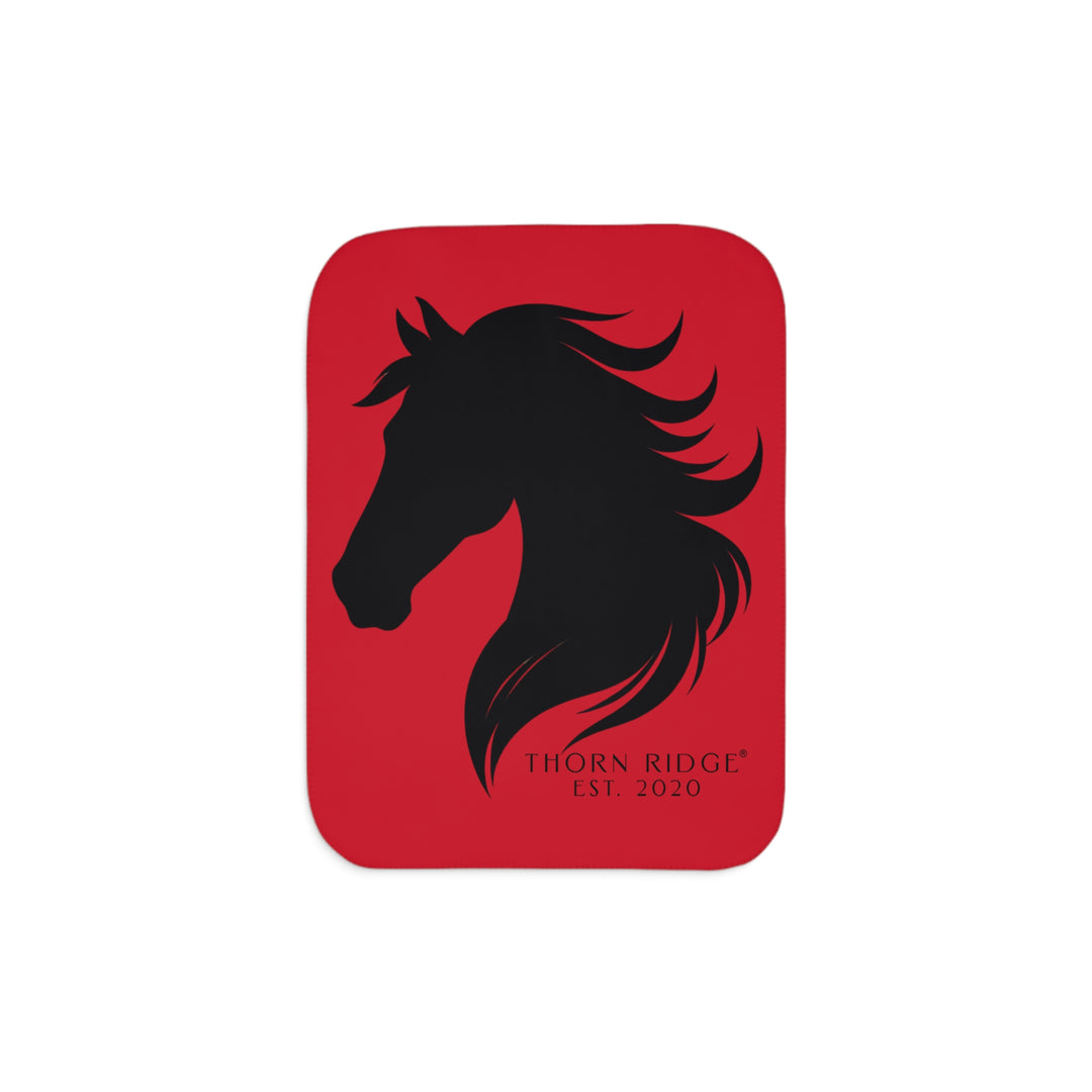 Black Friesian horse head on dark red Sherpa Blanket by Thorn Ridge.
