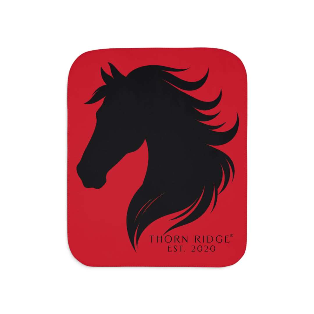 Black Friesian horse head on dark red Sherpa Blanket by Thorn Ridge.