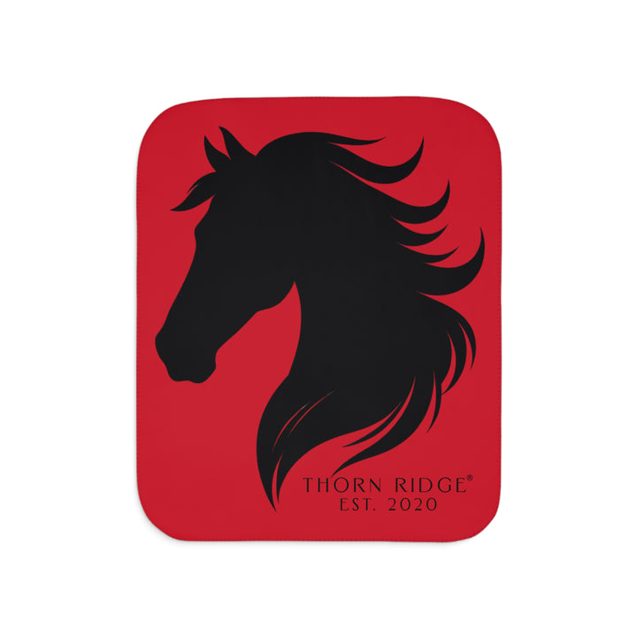 Black Friesian horse head on dark red Sherpa Blanket by Thorn Ridge.