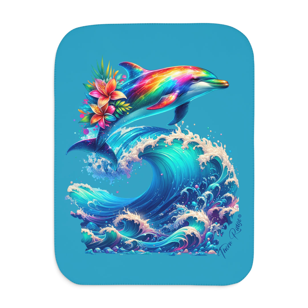 Colorful dolphin and wave design on a turquoise background with the text Thorn Ridge®