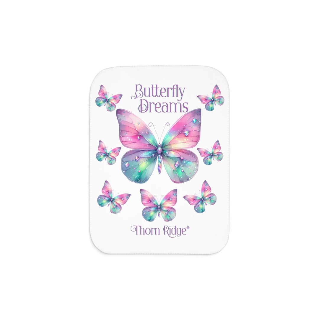 White Sherpa blanket with colorful butterfly design and 'Butterfly Dreams' and Thorn Ridge® text 