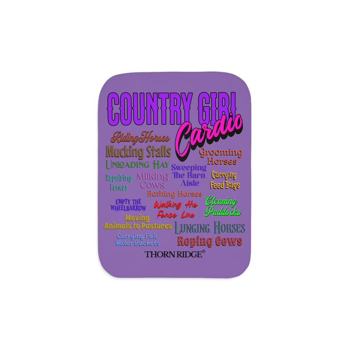 Decorative purple sherpa blanket with Country Girl Cardio and a list of farm chores by Thorn Ridge®