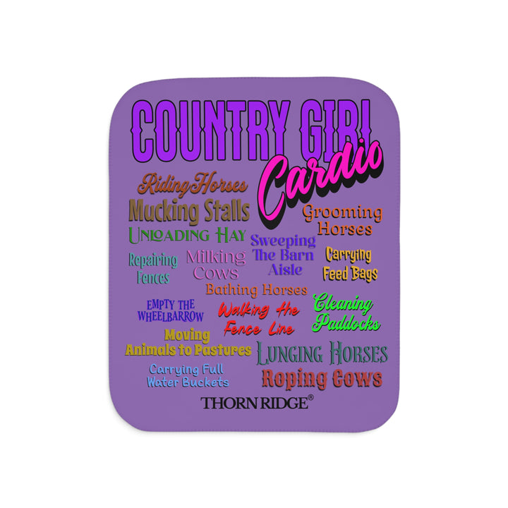 Decorative purple sherpa blanket with Country Girl Cardio and a list of farm chores by Thorn Ridge®