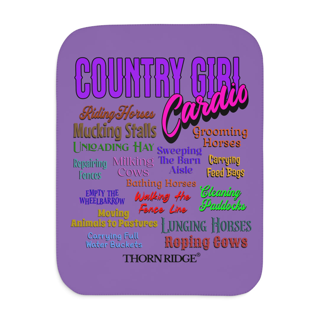 Decorative purple sherpa blanket with Country Girl Cardio and a list of farm chores by Thorn Ridge®