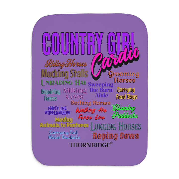 Decorative purple sherpa blanket with Country Girl Cardio and a list of farm chores by Thorn Ridge®