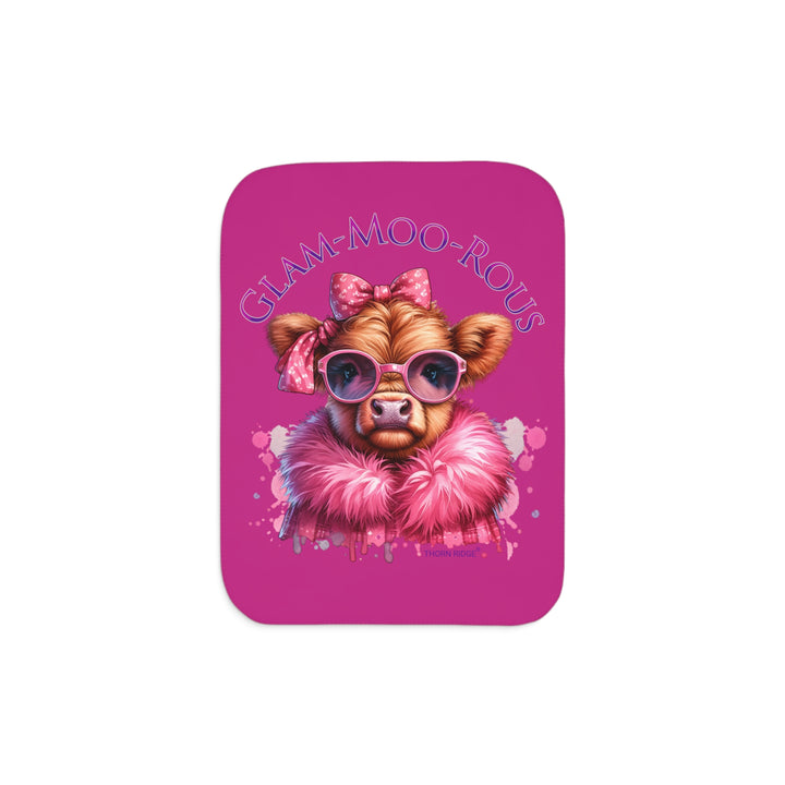 Glam-moo-rous pink tones sherpa blanket with a highland cow dressed up and branded Thorn Ridge®