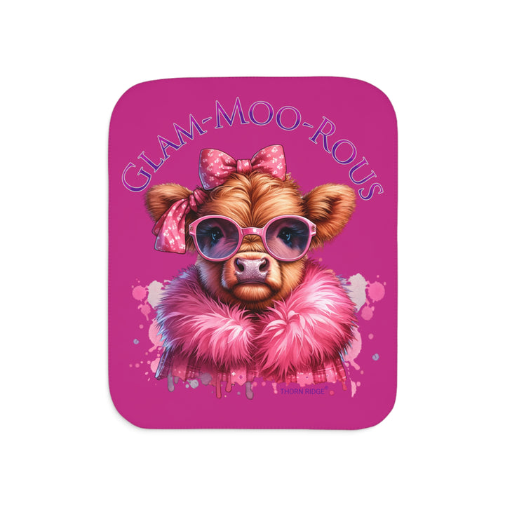Glam-moo-rous pink tones sherpa blanket with a highland cow dressed up and branded Thorn Ridge®