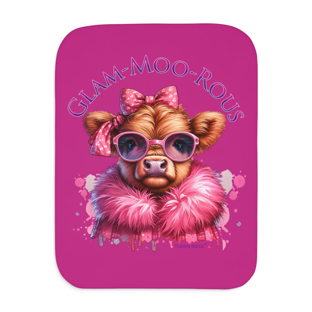 Glam-moo-rous pink tones sherpa blanket with a highland cow dressed up and branded Thorn Ridge®