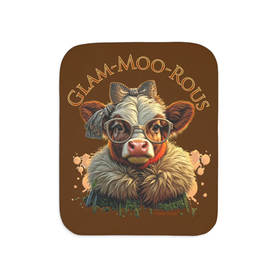 Glam-moo-rous brown tones sherpa blanket with a highland cow dressed up and branded Thorn Ridge®