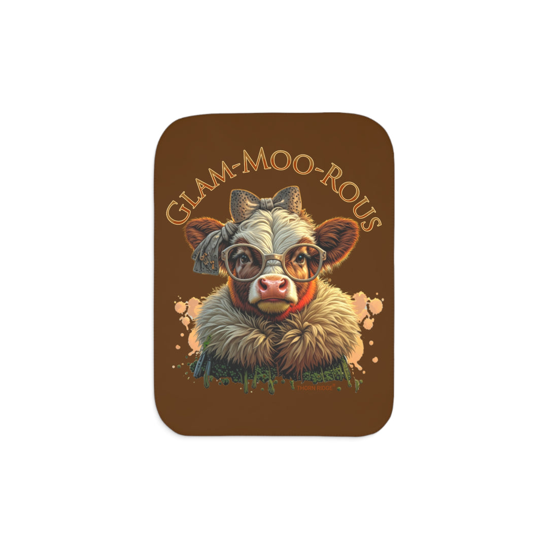 Glam-moo-rous brown tones sherpa blanket with a highland cow dressed up and branded Thorn Ridge®