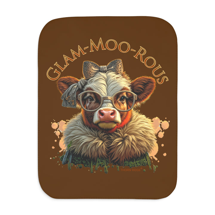 Glam-moo-rous brown tones sherpa blanket with a highland cow dressed up and branded Thorn Ridge®