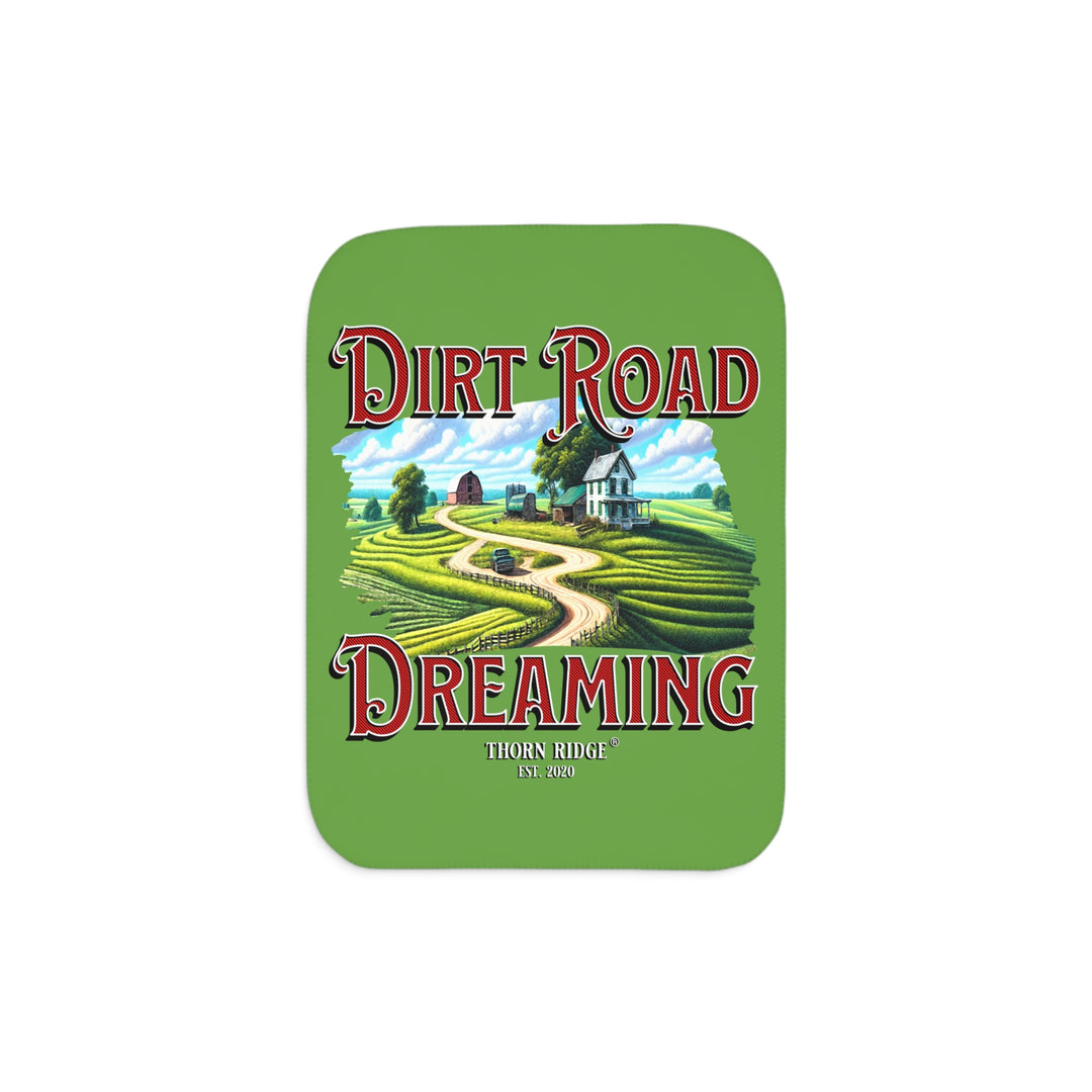 Dirt Road Dreaming farm scene green Sherpa blanket by Thorn Ridge®