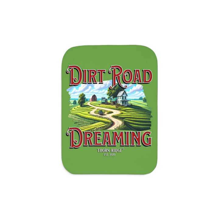 Dirt Road Dreaming farm scene green Sherpa blanket by Thorn Ridge®