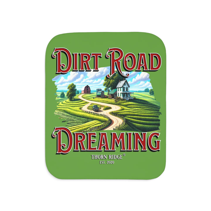 Dirt Road Dreaming farm scene green Sherpa blanket by Thorn Ridge®