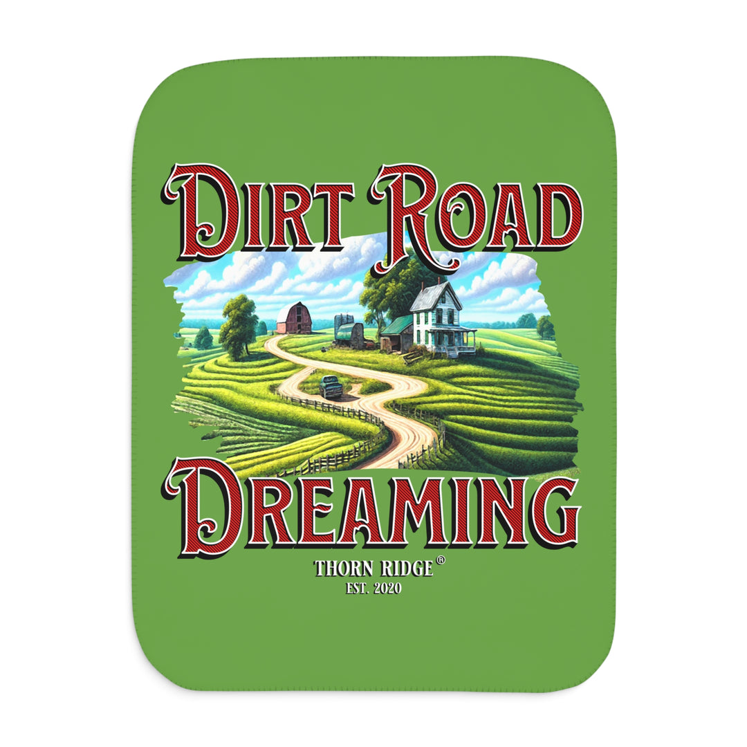 Dirt Road Dreaming farm scene green Sherpa blanket by Thorn Ridge®