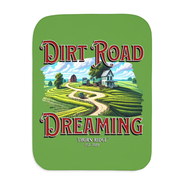 Dirt Road Dreaming farm scene green Sherpa blanket by Thorn Ridge®