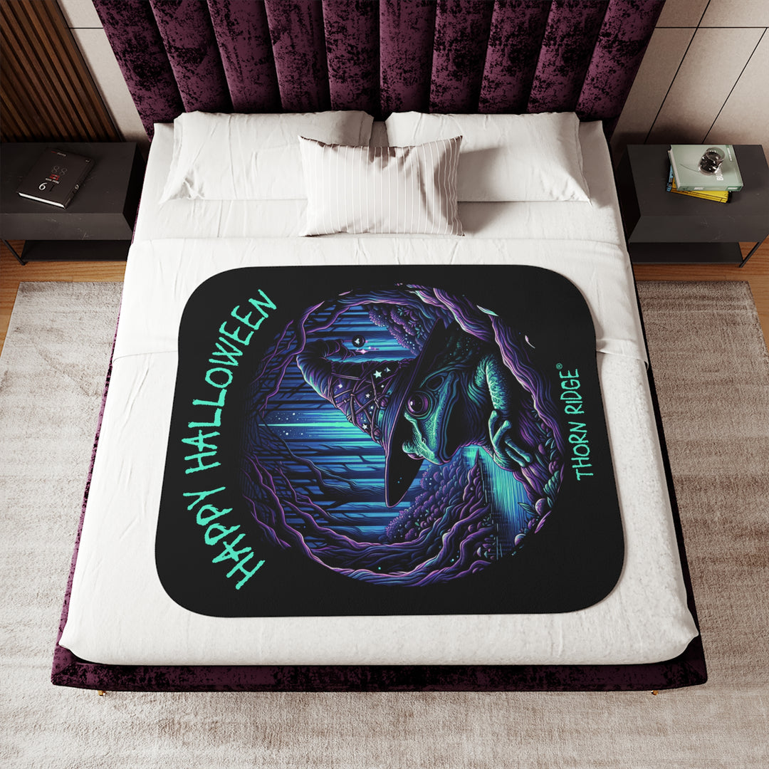 Happy Halloween black sherpa blanket with an image of the Frog Witch wearing a witch hat sitting by the creek by Thorn Ridge®